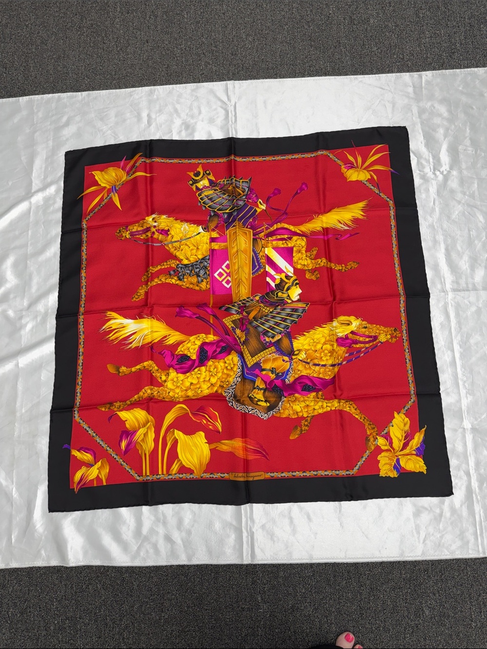 Samurai   Salvatore Ferragamo  Silk Scarf Excellant Condition 34x34" Rolled Hem